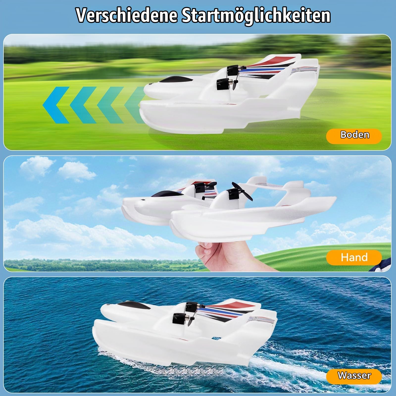 2.4GHz 3CH RC Flugzeug, 3-in-1 Amphibien Modellflugzeug für Land, Wasser und Luft, mit 2 Akkus, EPP Material, Weiß