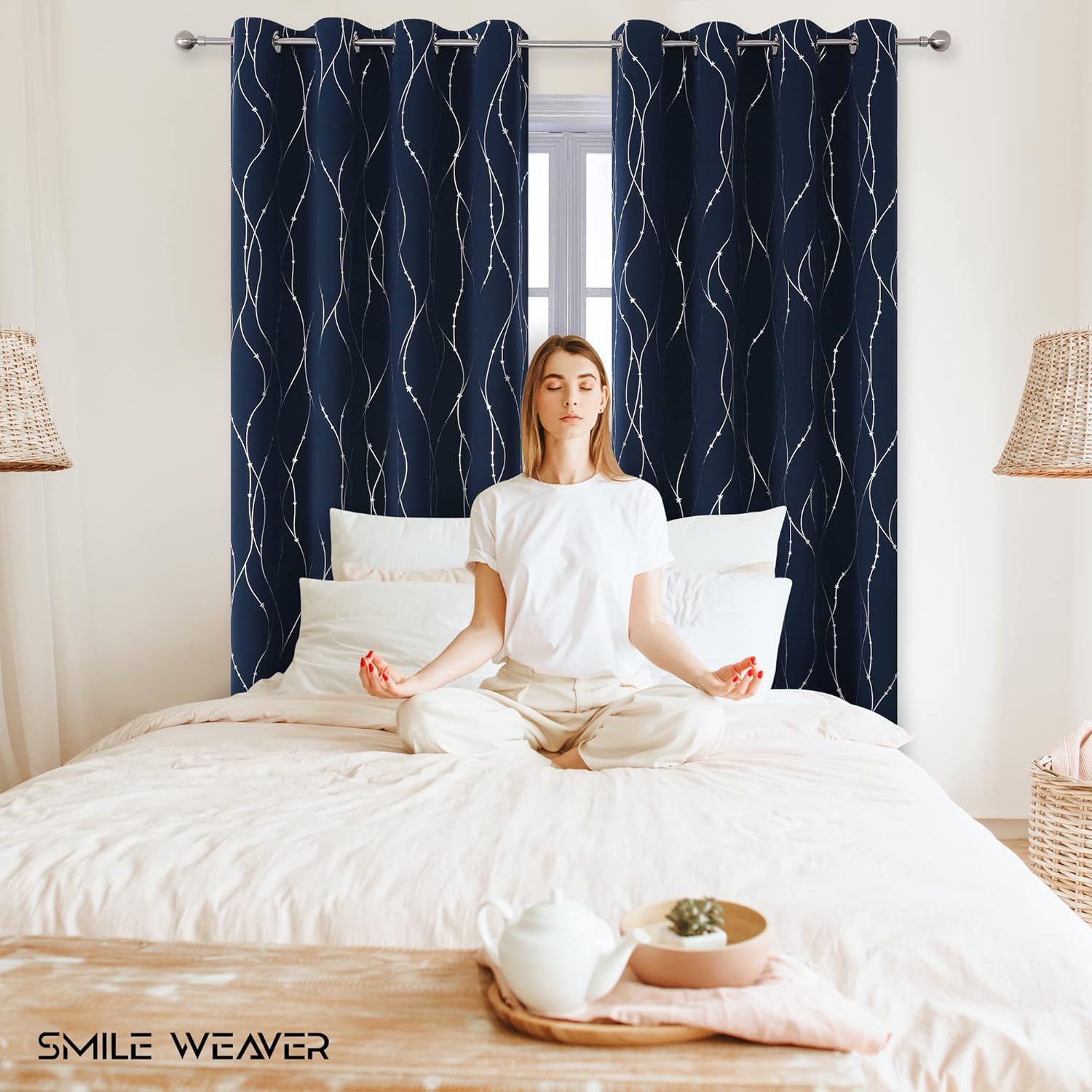 SMILE WEAVER Navy Blackout Curtains for Kids Bedroom 84 Inch Length,Printed Design Room Darkening Curtains for Living Room,Soft Thick Thermal Insulated Window Treatment Drapes 2 Panels