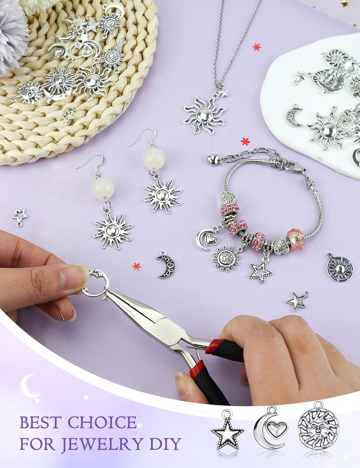 84 Pcs Sun Moon Star Charms Pendants, 21 Styles Antique Silver Alloy Mixed Moon Star Sun Charms for Jewelry Making Necklace Bracelet Earring DIY Craft - Image 5