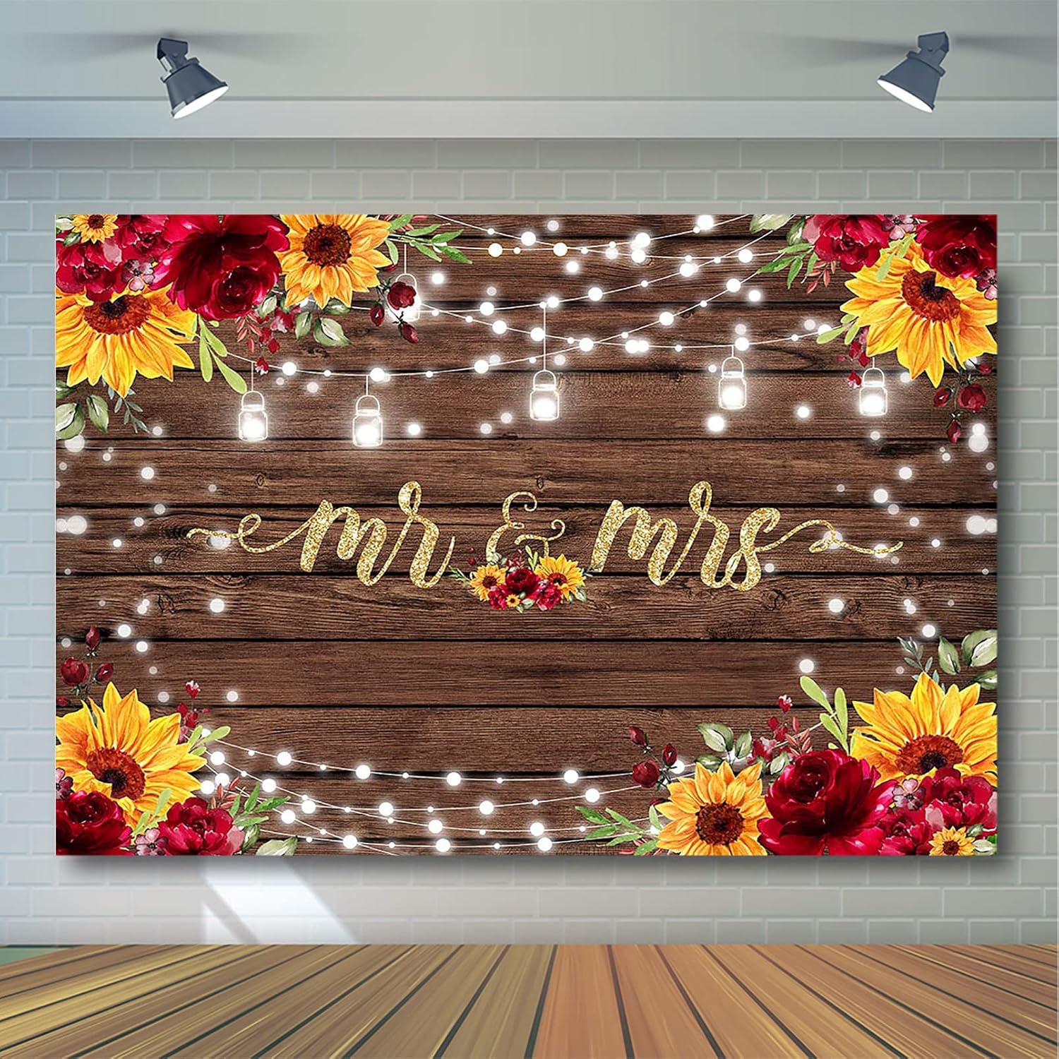 Avezano Rustic Sunflower Mr & Mrs Bridal Shower Backdrop Rustic Vintage Wooden Pattern Wedding Shower Decorations Background Romantic Shimmery Mr and Mrs Backdrops (7x5ft)