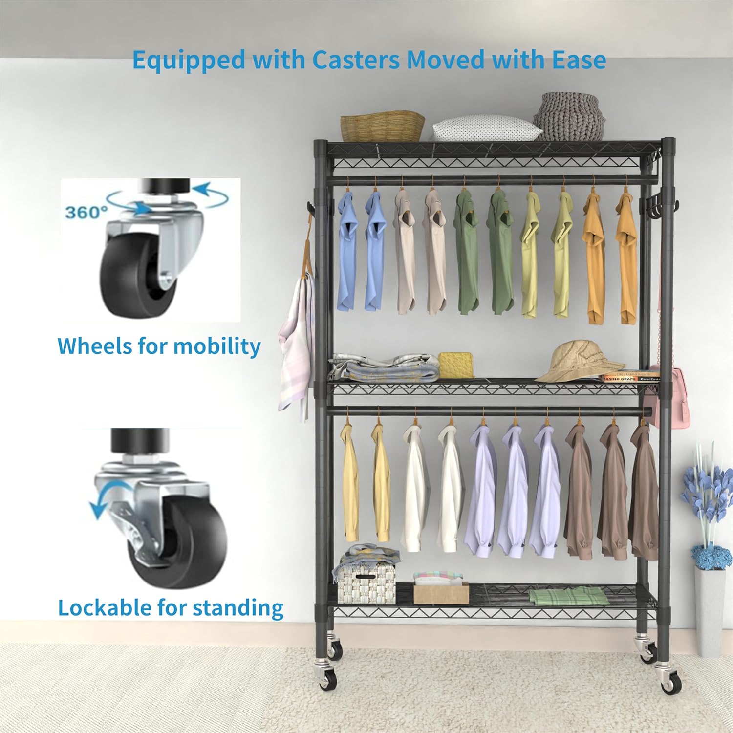 V12 Black Heavy Duty Rolling Garment Rack with Adjustable Shelves