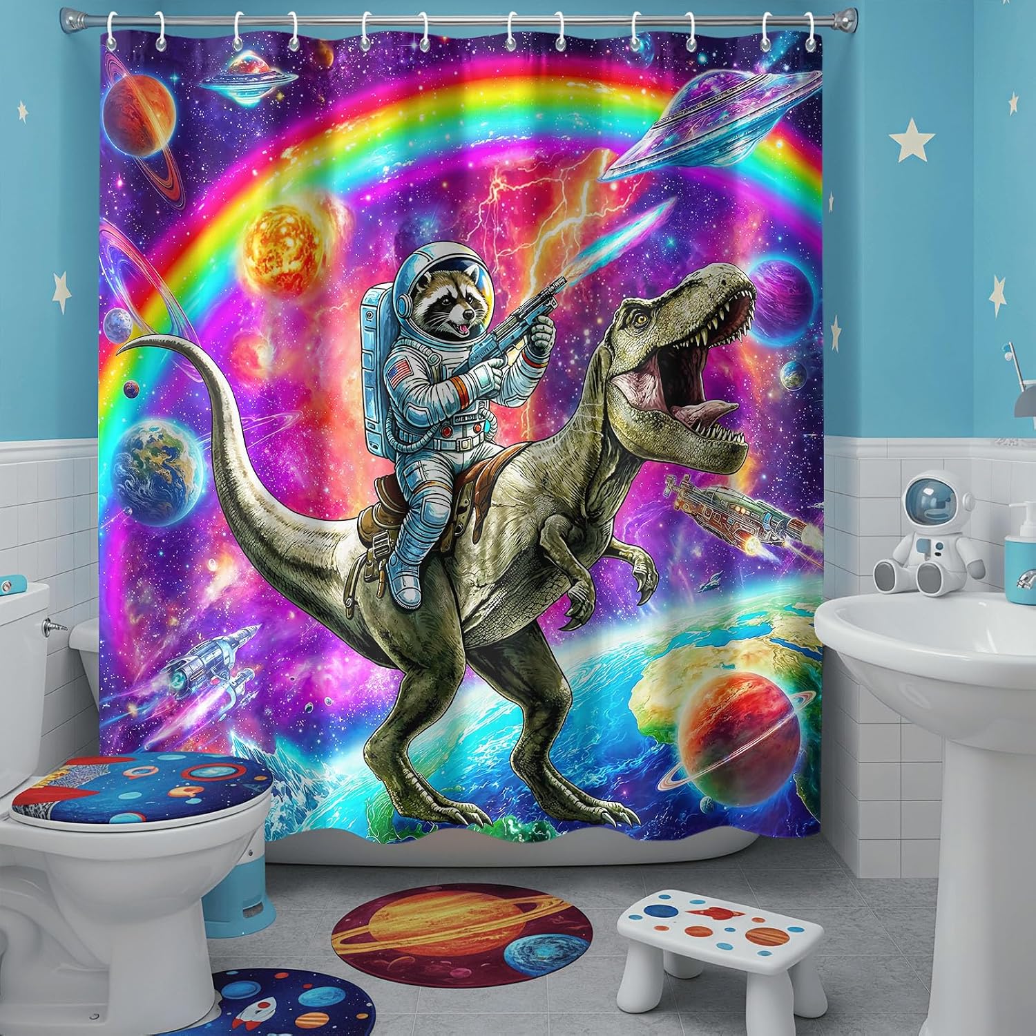 Accnicc Space Raccoon Dinosaur Shower Curtain for Bathroom 72 X 72 Inch image 2