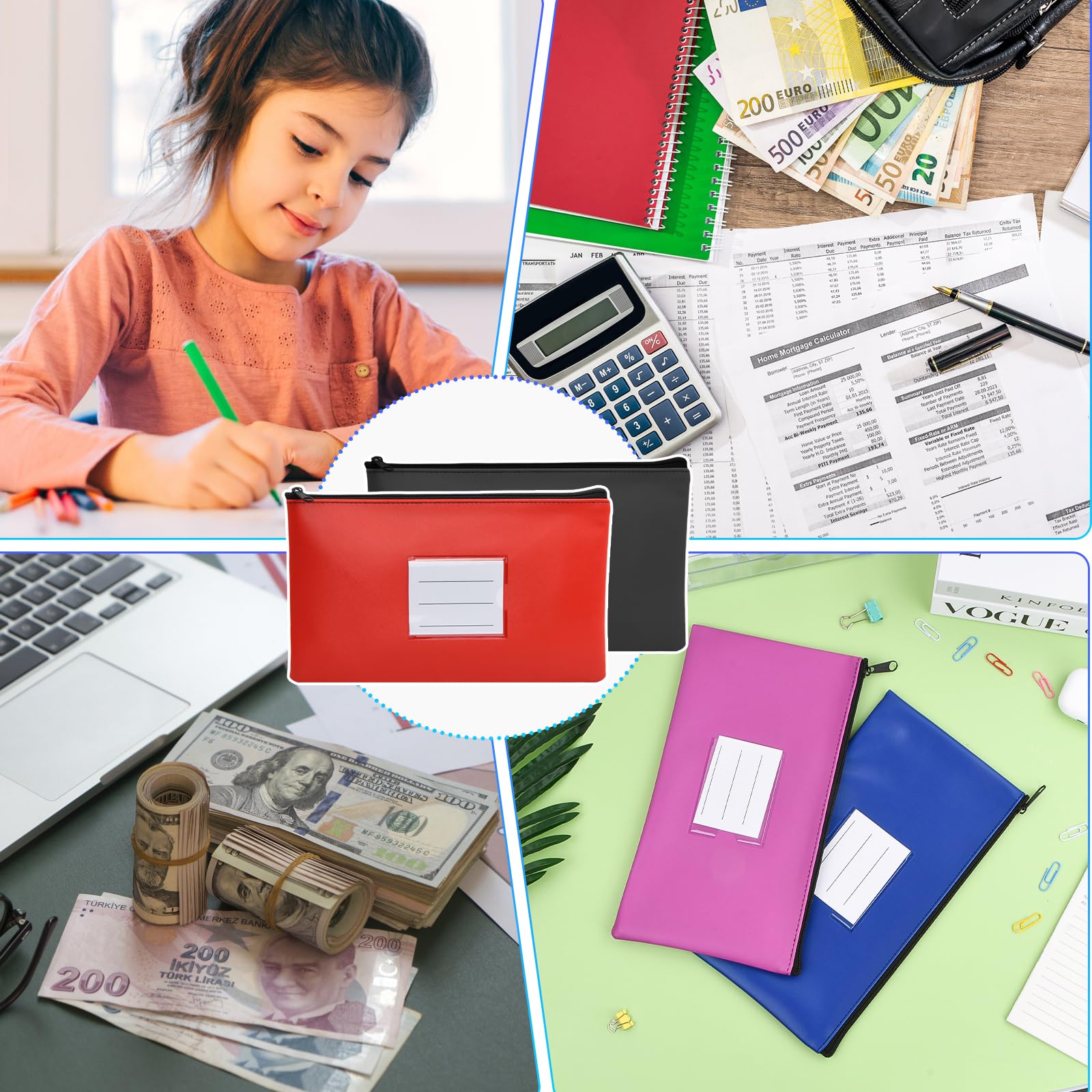 5 Pcs Dokumentenmappe A5, Geldtasche Banktasche Leder, Geldscheine Aufbewahrung, Geldscheintasche Klein mit Reißverschluss und Fenster, Dokumententasche Wasserdicht, Geldmappe Schule Business (Set B)