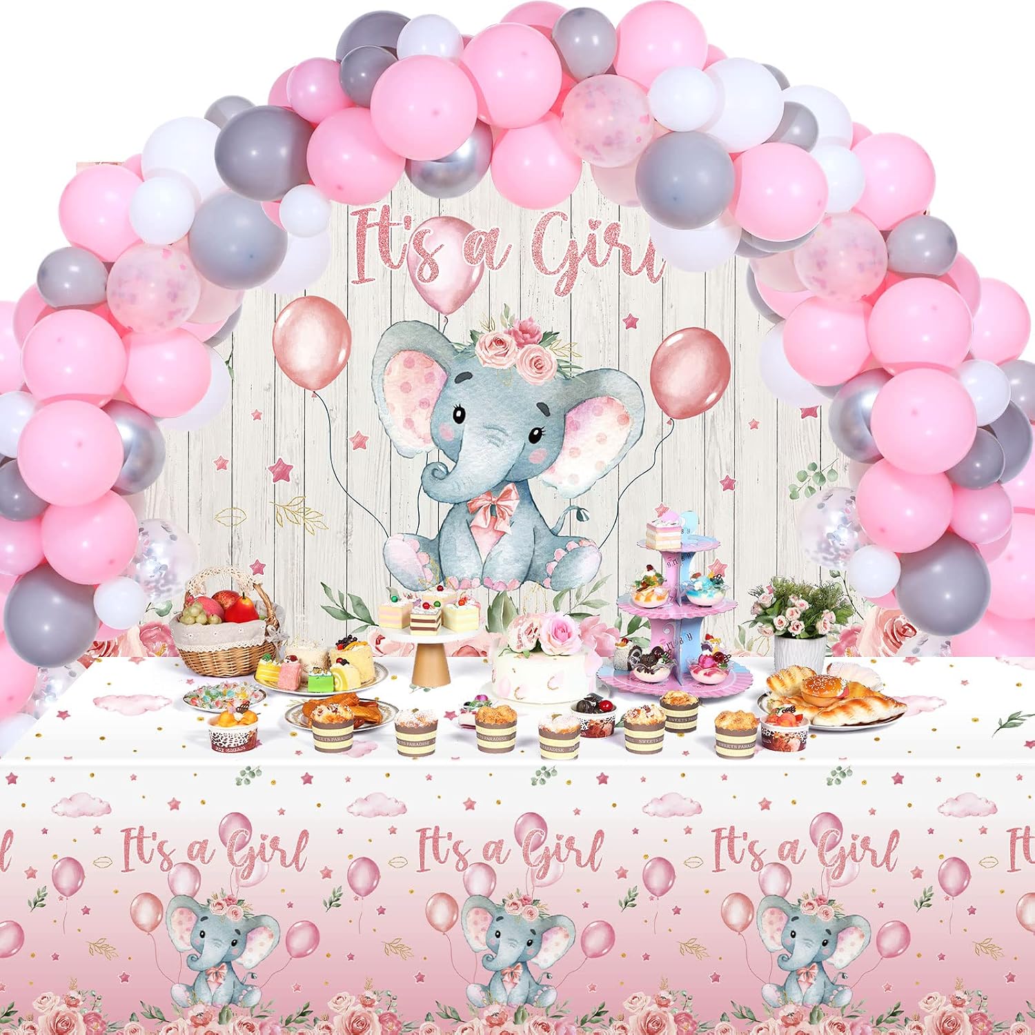 Baby Shower Decorations 121 Pieces Elephant Party Supplies Include Backdrop Banner Balloons Tablecloth and Cake Toppers for Gender Reveal Elephant Theme Birthday Party(Boy Style)