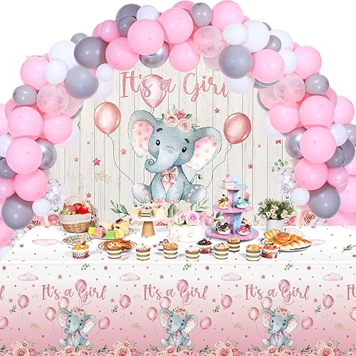 Decoraciones de fiesta de baby shower, 121 piezas de suministros para fiesta de elefantes, incluyen telón de fondo, pancarta, globos, mantel y