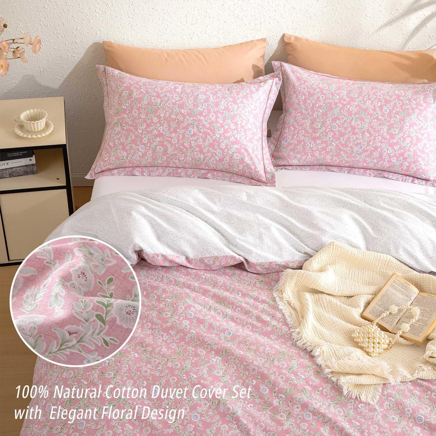 100% Natural Cotton Floral Duvet Cover King Size - Antique Pink Botanical Front & White Leaf Print Back with Button Closure, Romantic Cottage Style(3 Pieces,104"×90") - Image 2