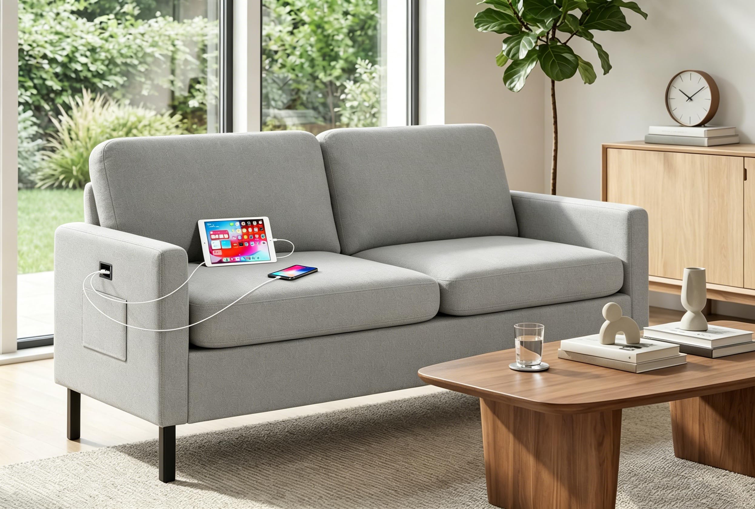 GRAVFORCE Sofa 2 Sitzer mit 2 Ladeports 143 x 63 x 86 cm Klein Sofa kleines Cloud Couch mit Armlehne und Seitentasche Modernes Stoffsofa für Wohnung Wohnzimmer Büro Einfache Montage Hellgrau