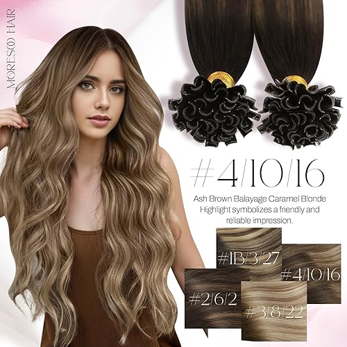 Miniatura 6 de Moresoo Extensiones de cabello humano con punta en U, color marrón degradado, extensiones de cabello humano con queratina con punta en U, balayage,