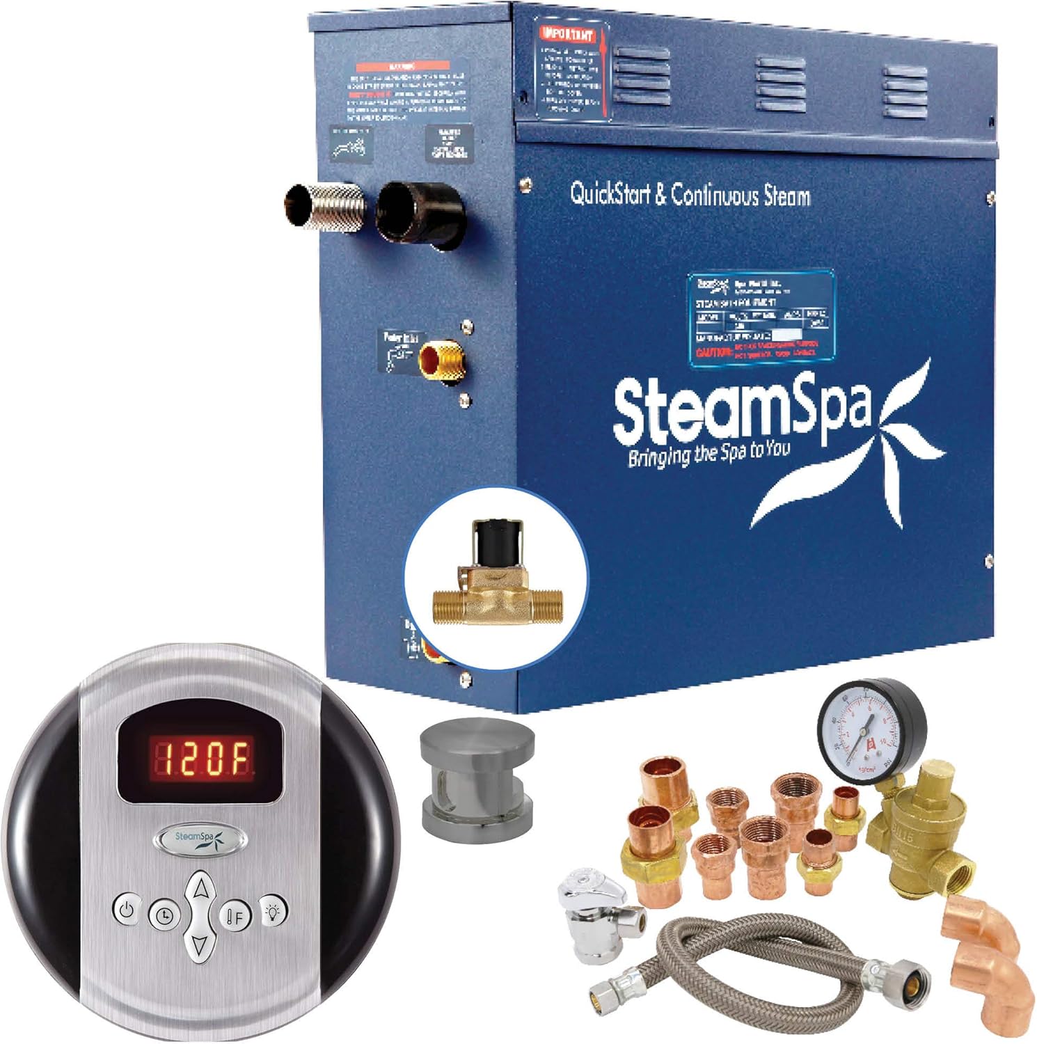 7.5kW Steam Sauna Generator Premium Bundle 240V Steam Generator with Analog Pad Control, Steamheads, Pressure Relief Valve, Built-in Auto Drain and Plumber Quick Install Kit PRR750BN-A