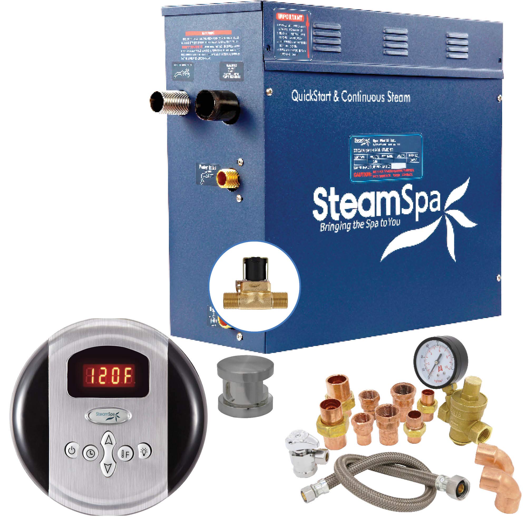 SteamSpaPremium 7.5 KW QuickStart Acu-Steam Bath Generator Package with Built-in Auto Drain in Brushed Nickel | Steam Generator Kit with Control Panel Auto Drain Steamhead 240V | PRR750BN-A