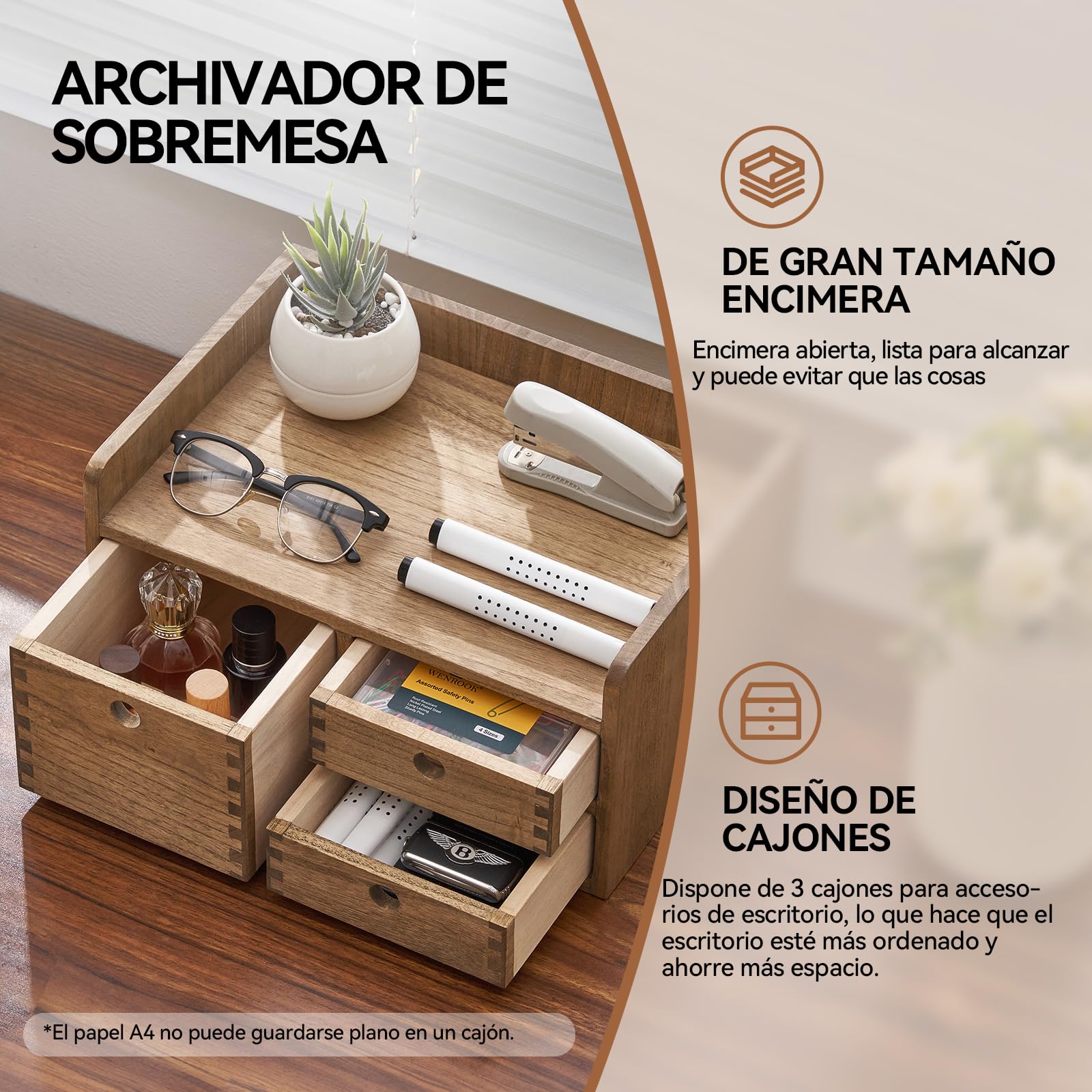 KIRIGEN Cajonera de Madera, Organizador de Escritorio, Marrón Oscuro | 35 × 27 × 16,7 cm, 3 cajones, 1 balda, madera maciza, hecho a mano, montado, acabado con aceite vegetal