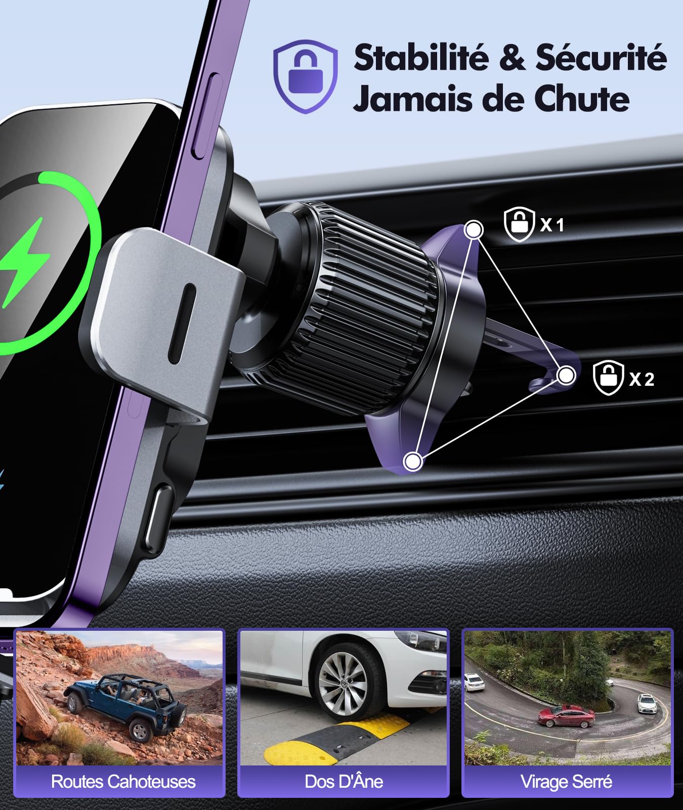 ISEYOU Support Telephone Voiture Induction, 15W [Serrage Automatique] Chargeur Induction Voiture sans Fil avec QC 3.0 Chargeur Adaptateur Rapide Compatible avec iPhone 17 16 15 Pro Max, Galaxy S25/S24