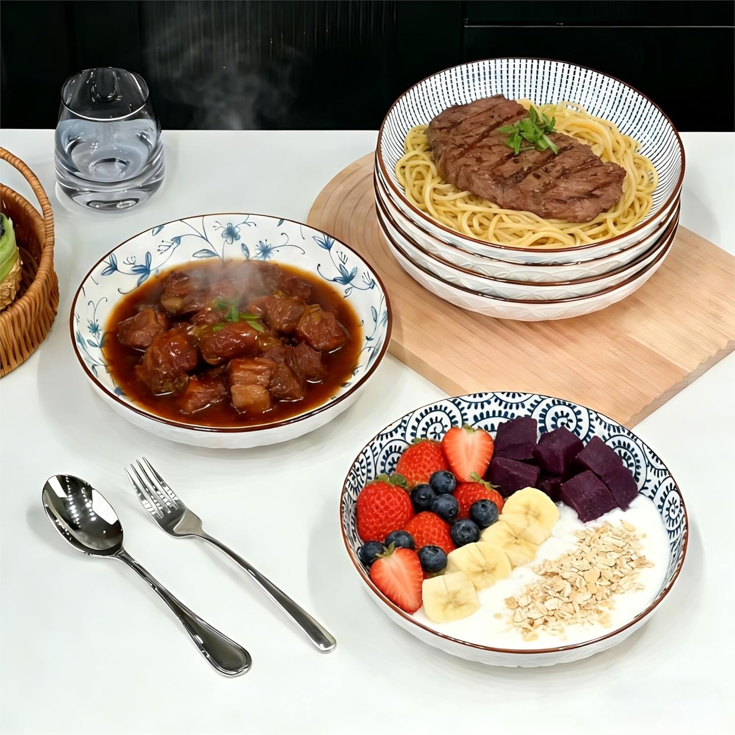 Blue and White Pasta Bowls Set of 6, 8.5 Inch Porcelain Bowl Plates – Ceramic Pasta Bowls for Kitchen, Dinner & Everyday Use, Microwave & Dishwasher Safe