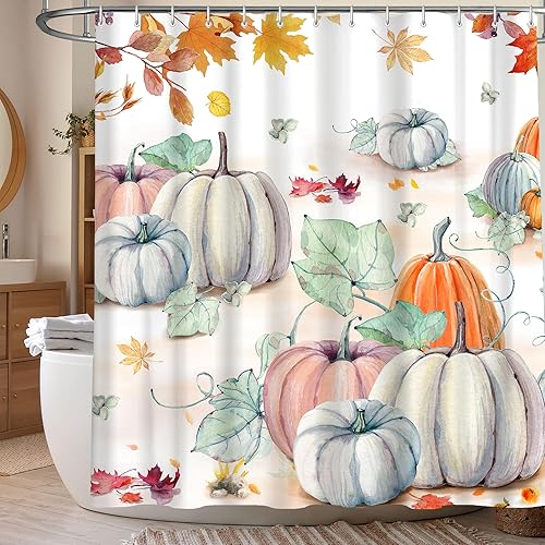 Miniatura 4 de pinata Juego de cortina de ducha de calabaza otoñal con alfombras, cortinas de ducha de calabaza otoñal, juegos de decoración de baño, 4 piezas