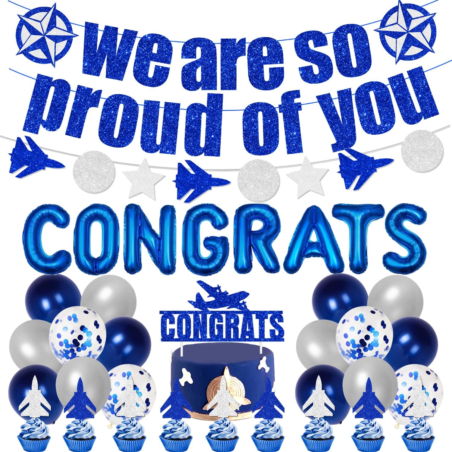 Air Force Graduation Decorations Glitter We Are so Proud of You Banner Army Airplane Garland Cake Cupcake Toppers US Navy Airforce Academy Balloons for Patriotic Airforce Graduation Retirement Party