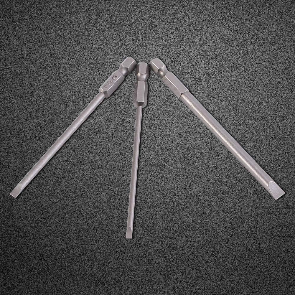 Slotted Screwdriver Bits Set, 4 Pieces, 3mm to 6mm Flat Head, 100mm Length, 1/4 Inch Hex Shank, Magnetic, Alloy Steel