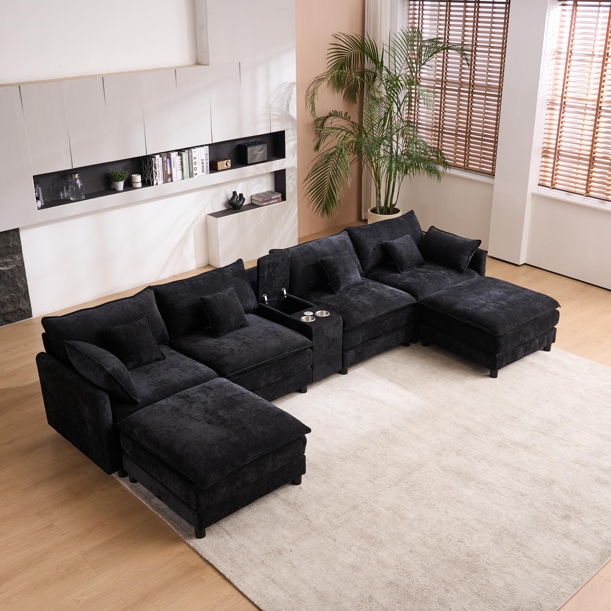 LuxyHoom Modular Sectional Sofa, 144'' U Shaped Cloud Couch, Upholstered Sofa Set with Storage Console & Cupholders & USB Port, Comfy Recliner Sleeper