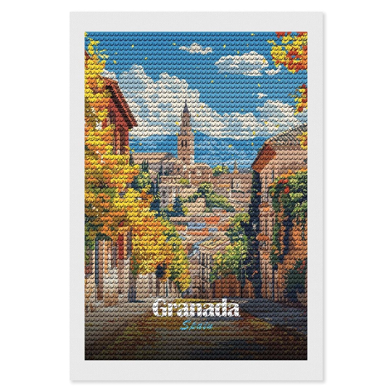 Junmoney Granada, Spain, Autumn Cityscape Round Drill Diamond Painting 8"x12", for Craft Lovers, Stress Relief Craft, Bedroom Decor, Festive Craft Gift