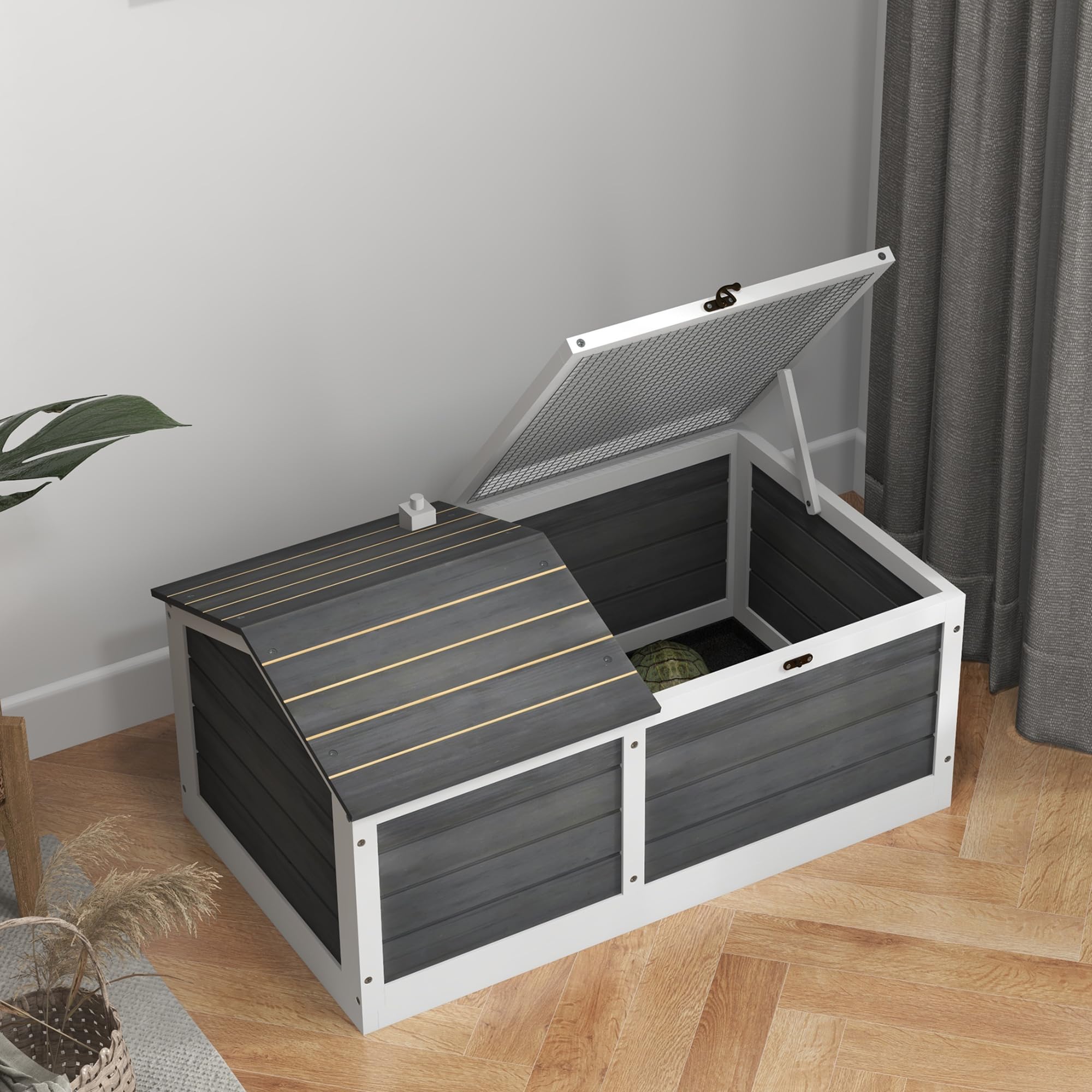 PawHut Maison enclos Cage pour Petit Animal Tortue avec 2 espaces 86 x 54 x 43 cm - Bois de Sapin