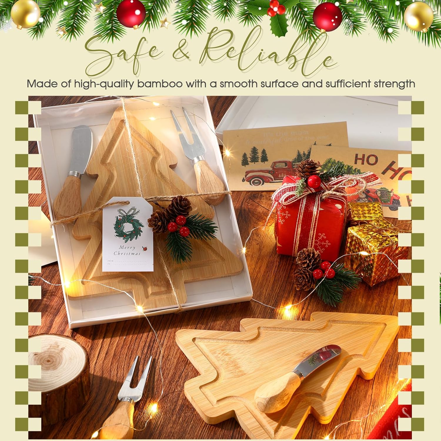 LemonRoad 12 Set Christmas Tree Tray Gifts Bulk Bamboo Cheese Board Knives Forks Thank You Card and Pine Branches with Box Christmas Party Gifts for Friends Colleagues Family