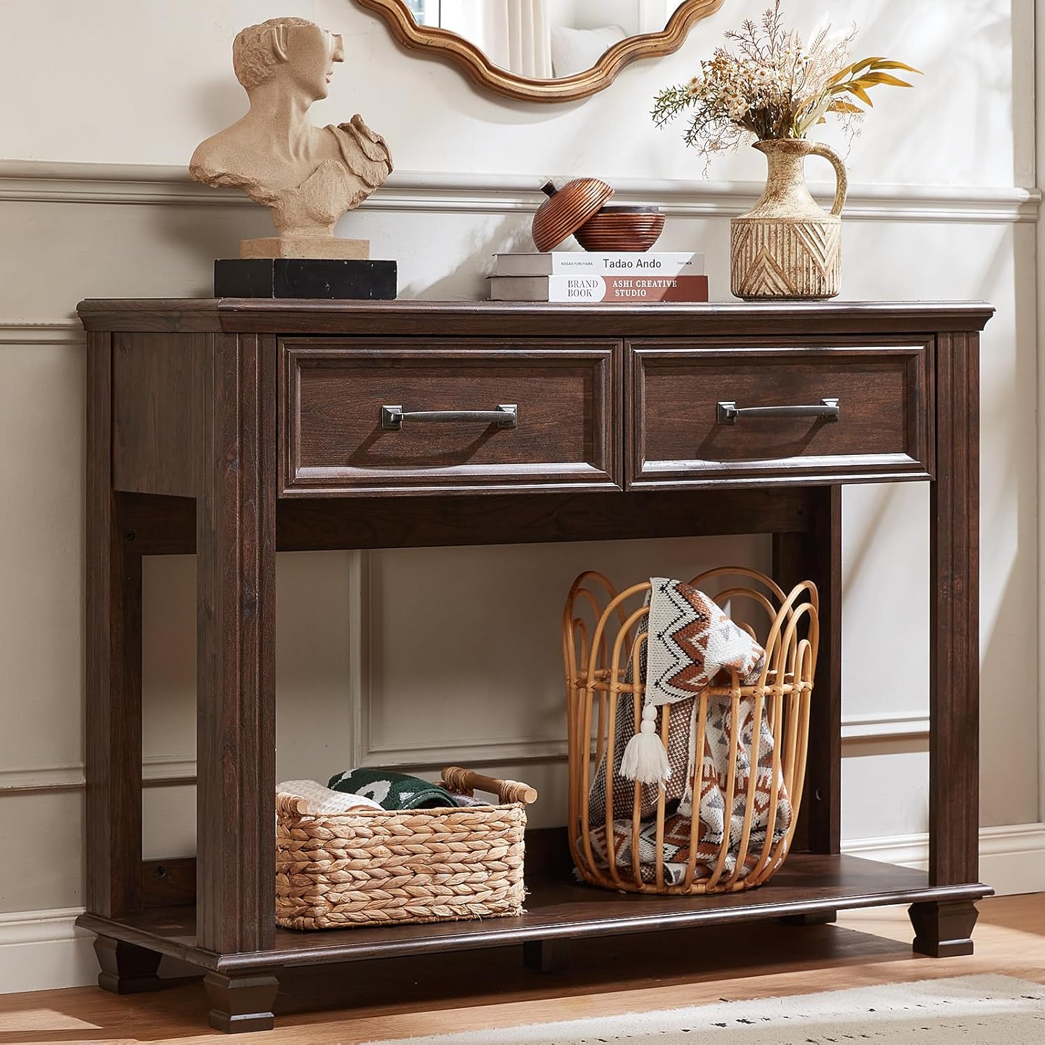 SAVOR LIFE Farmhouse 46" Console Table with 2 Drawers, Rustic Wood 2 Tier Entryway Table with Open Storage Shelf for Entry, Large Mid-Century Vintage Sofa Tables Behind Couch for Living Room, Walnut