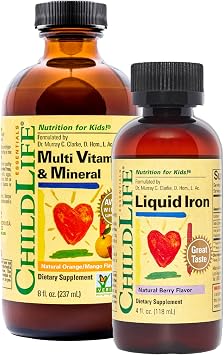 CHILDLIFE ESSENTIALS Liquid Iron + Kids Multivitamin & Mineral - Liquid Iron Supplement + Vitamins for Baby, Kids, Toddlers, Non-GMO, Gluten Free, Natural Berry & Orange Mango Flavors - Pack of 2