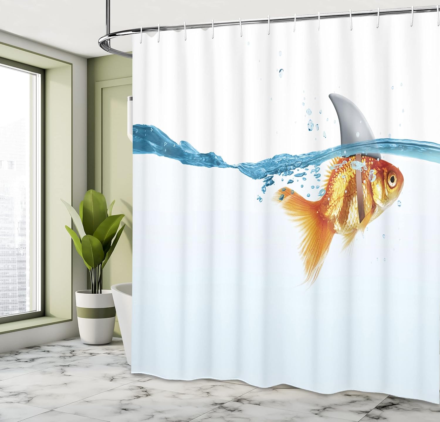 Ambesonne Shark Shower Curtain, Goldfish in Water with Shark Fin Scary Predators Tricky Humor Environment Fun Image, Cloth Fabric Bathroom Decor Set with Hooks, 69" W x 84" L, Orange Blue