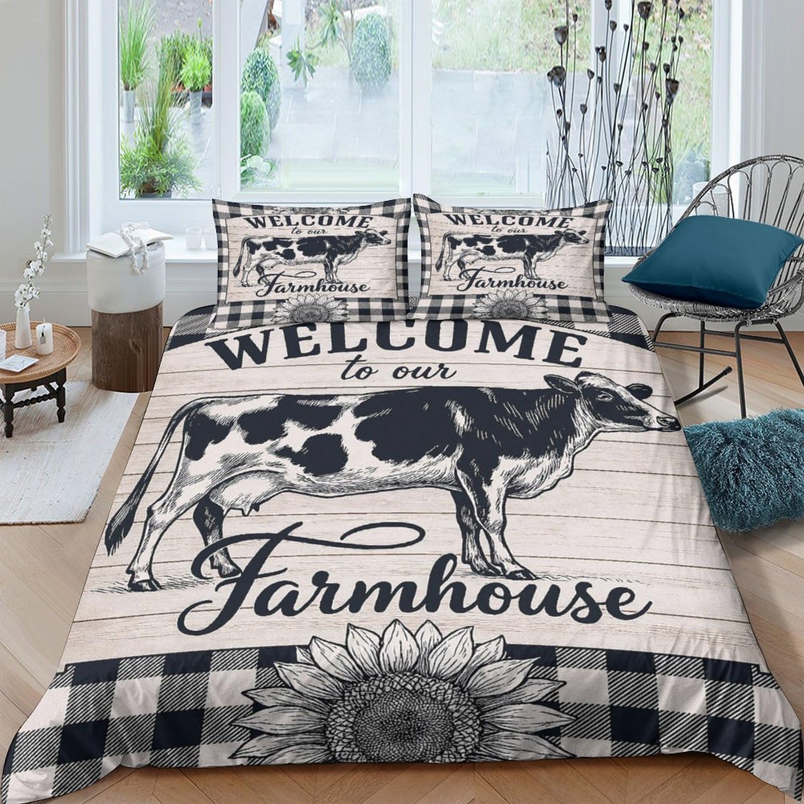 Ctjqhvkz Style-8 3D Printed Cow Farmhouse Fitted Sheet Microfiber Plaid Sunflower Mattress Cover For Bedroom Guest Room Decor Single（135X200cm）