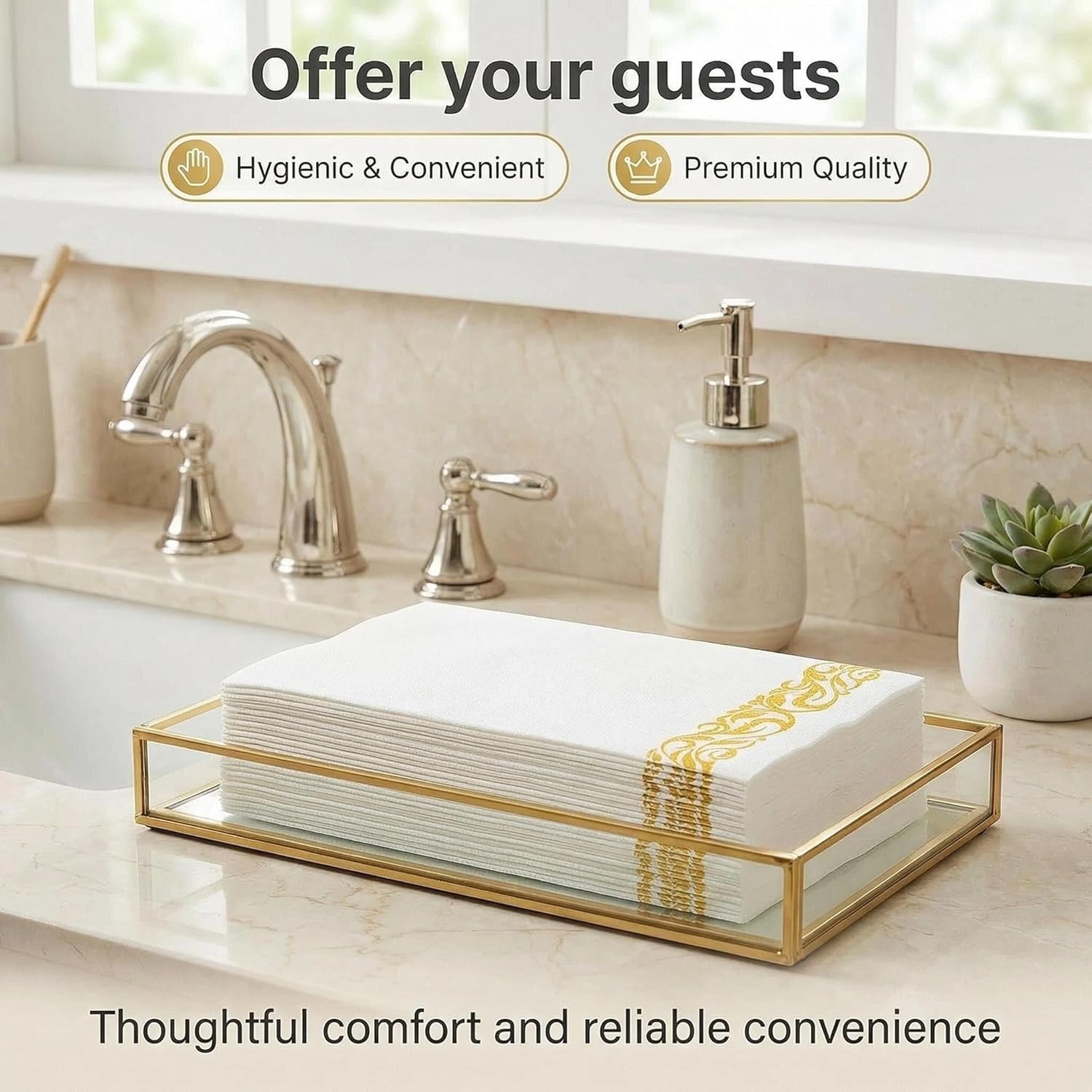 JEBBLAS 200 Disposable Hand Towels, Soft and Absorbent Linen Feel Dinner Napkin, Decorative Napkins for Parties, Weddings, Events or Everyday, Gold and White