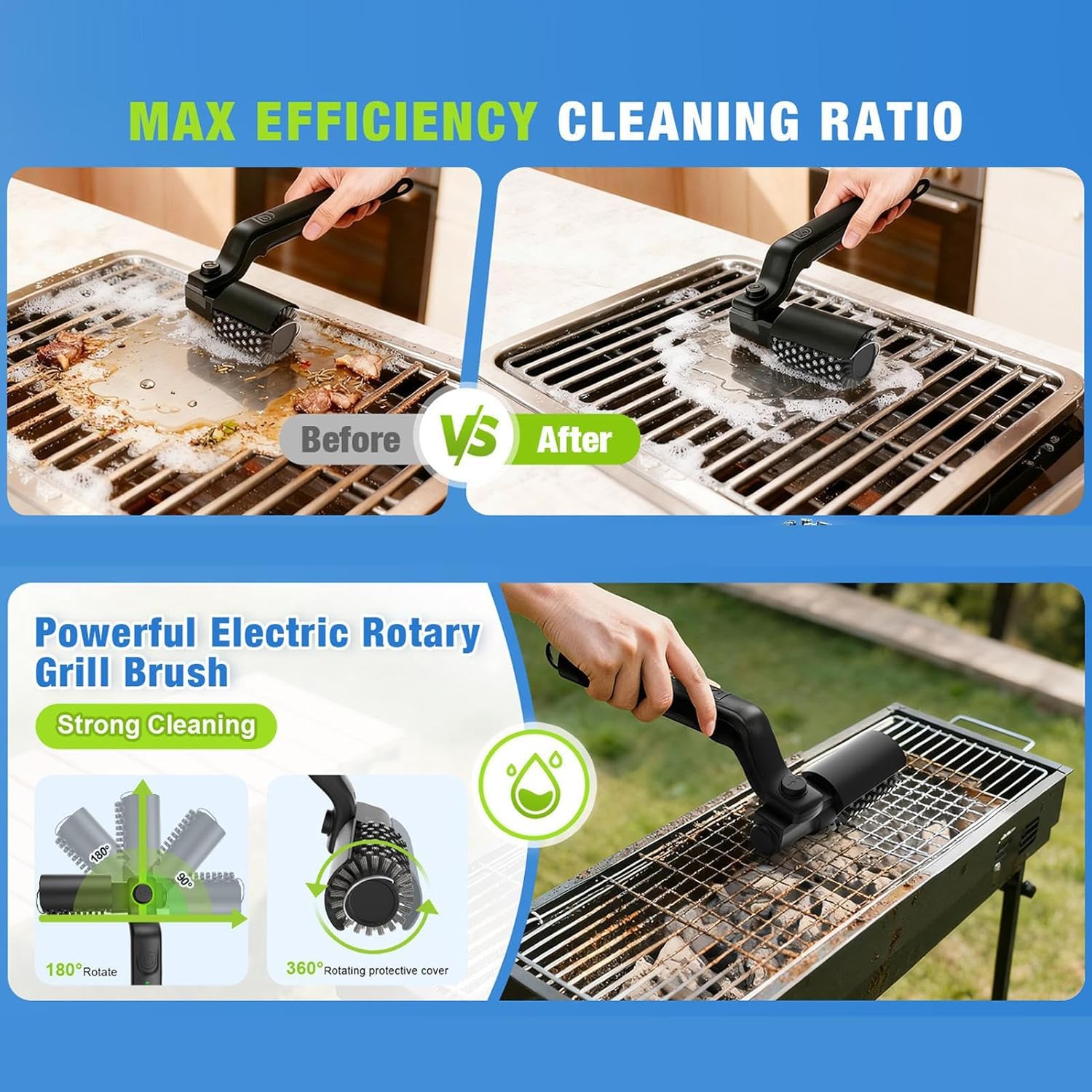 Electric Grill Brush, Adjustable 3-Speed Barbecue Tool, Rotary Cleaning Brush for Backyard, Lawn, Deck, RV, Camping, Adults, Elderly, Chefs, BBQ