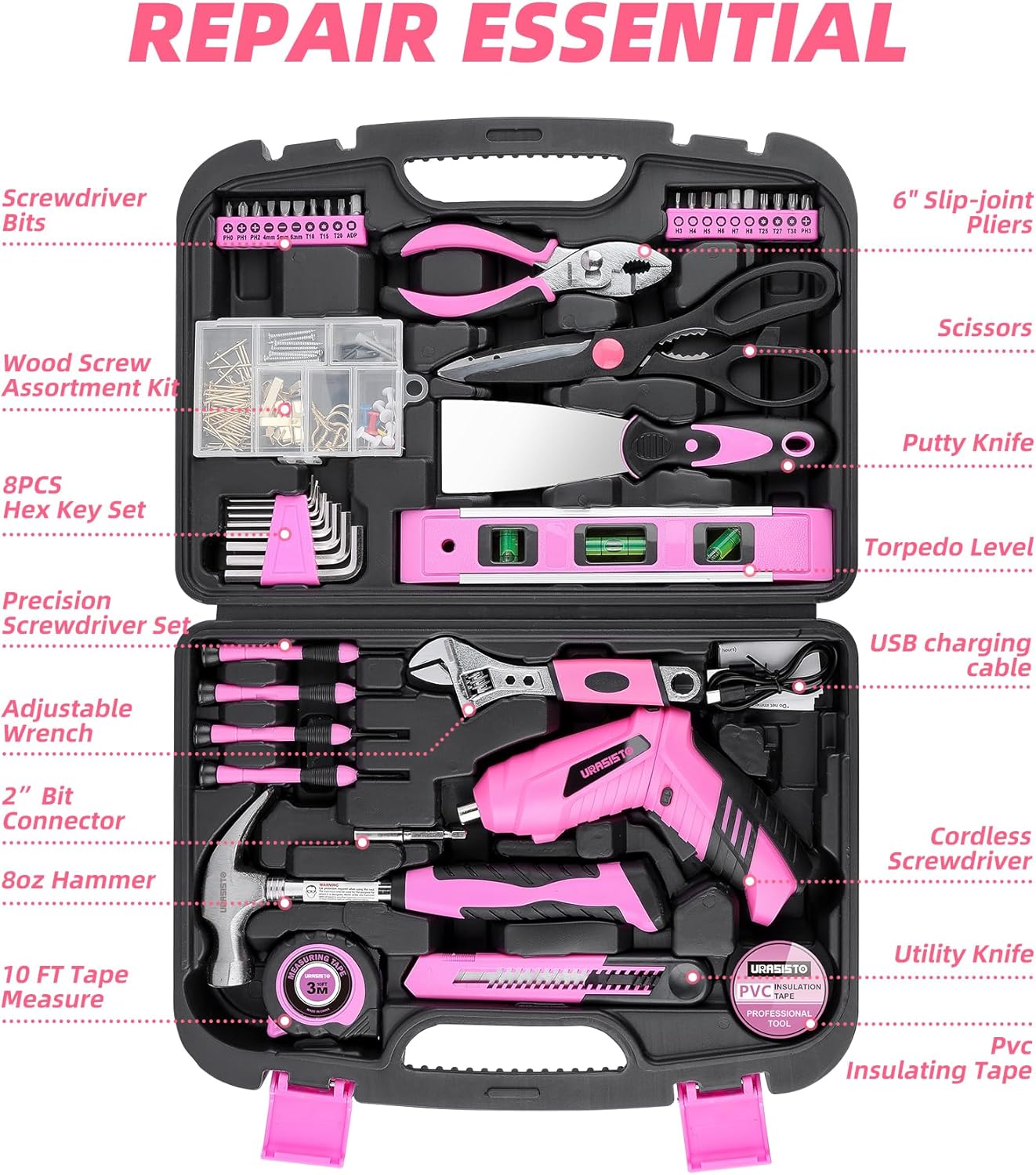 Pink Household Tool Set with 3.6V USB Electric Screwdriver, 136 PCS Home Tool Kit with Cordless Lithium-ion Drill Driver, Hand Tool Kits for Women - Image 2