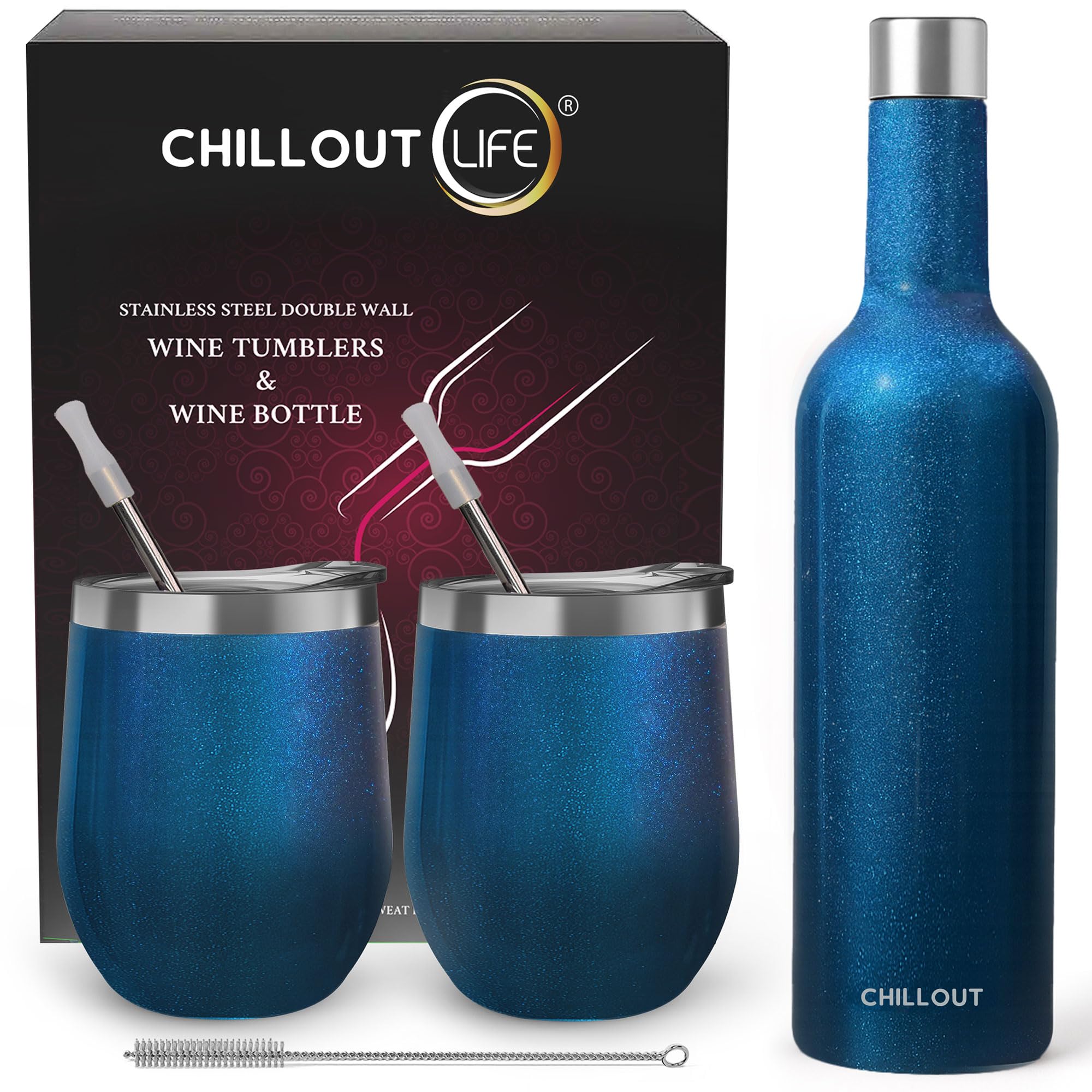 CHILLOUT LIFE Stainless Steel Wine Tumblers 2 Pack 12 oz & 1 Insulated Wine Bottle - Double Wall Vacuum Insulated Wine Cups with Lids and Straws Set - Blue Sparkle