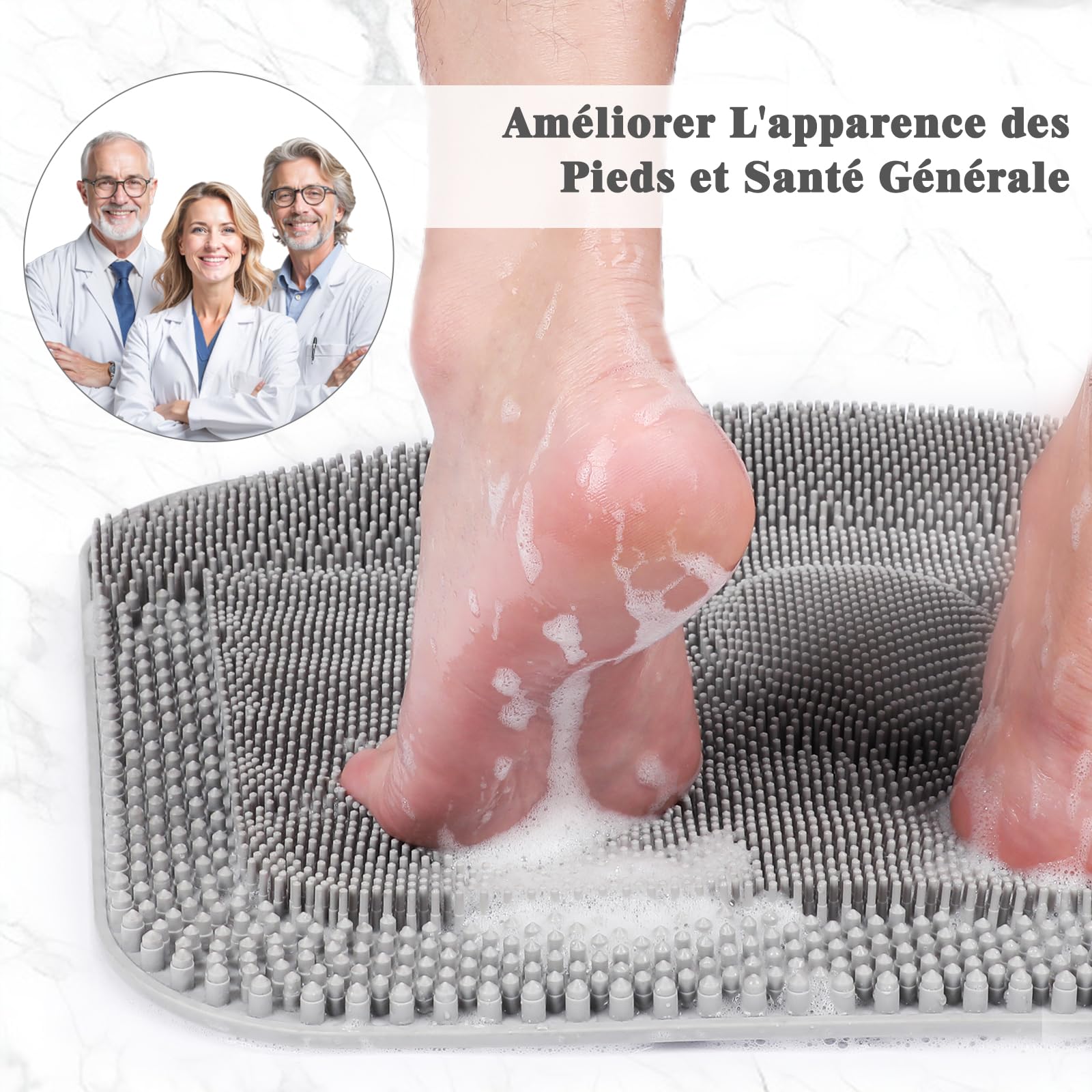 FREATECH Grand Brosse Pieds Douche Shower Foot Scrubber avec Ventouses Antidérapantes, Nettoyage, Exfoliation et Massage Complet des Pieds Sans Baisser, Amélioration Santé des Pieds, Gris - 44 x 33 cm