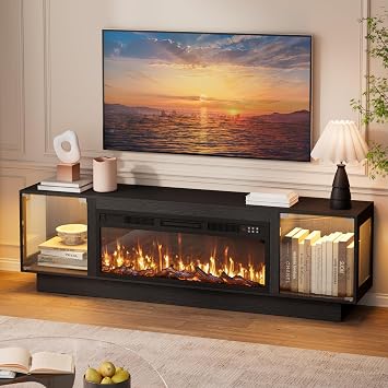 70 Fireplace TV Stand, TV Stands with 36" Electric Fireplace, Black Fire Place TV Stands with LED Light & Glass Storage Cabinet for TVs Up to 80", Modern Entertainment Center for Living Room