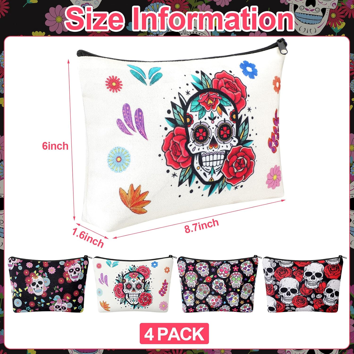 Preboun 4 Pack Sugar Skull Makeup Bags Cosmetic Bag Gifts Travel Toiletry Zipper Pouch Gothic Floral Skeleton Gifts Pouch for Girls Women Sugar Skull Lovers - Image 2