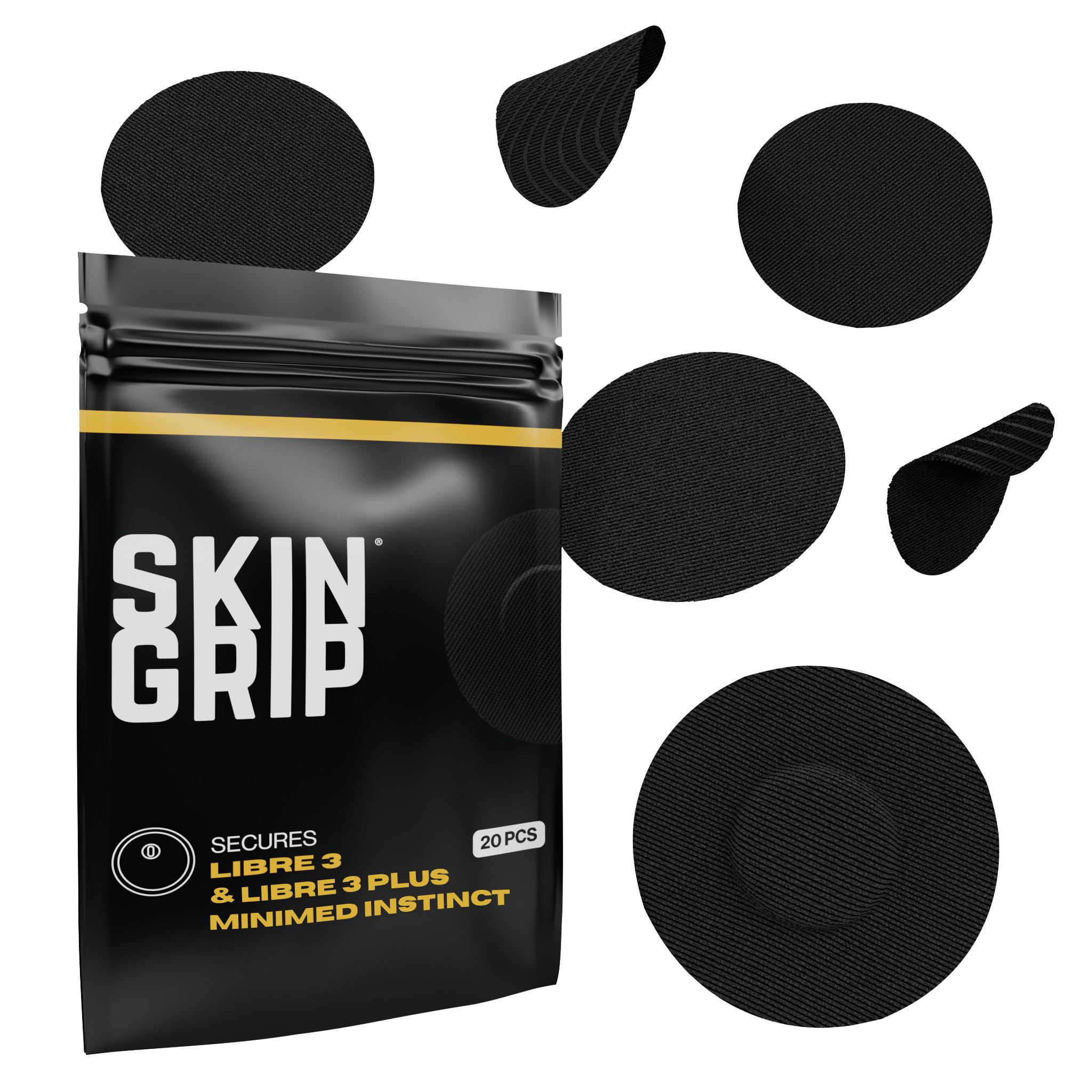 Skin Grip CGM Patches for Freestyle Libre 3 (20-Pack), Waterproof & Sweatproof for 10-14 Days, Pre-Cut Adhesive Tape, Continuous Glucose Monitor Protection (Black)