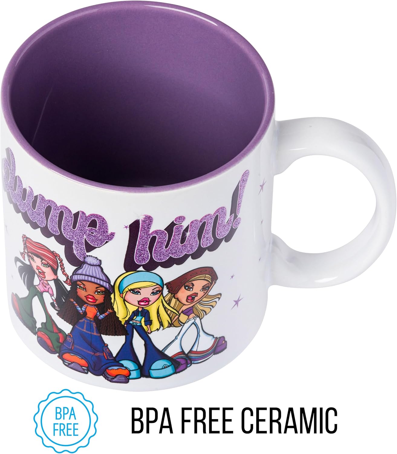 Silver Buffalo Bratz “Dump Him” Glitter Ceramic Mug Featuring Cloe, Jade, Sasha, and Yasmin, 20 Ounces - Image 6
