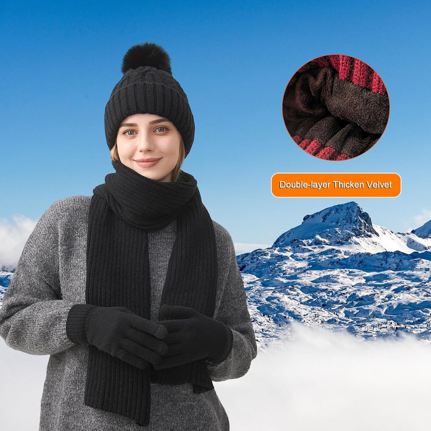 Women Winter Beanie Hat Circle Scarf Set Pompoms Peruvian Ski Snow Ear Flaps Cold Weather Warm Sherpa Knit Hats Fleece Lined - Image 5
