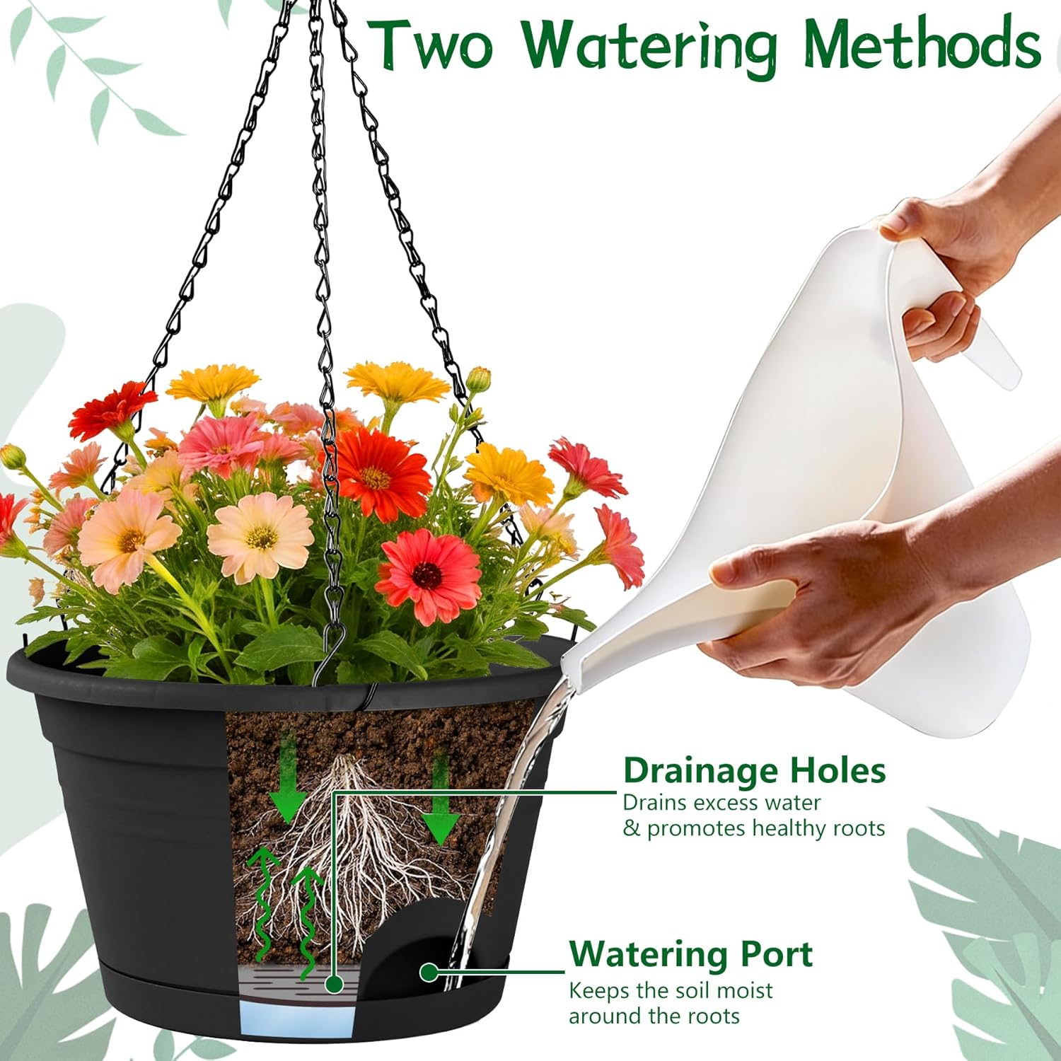 6 Pack Hanging Planters, 10 Inch Plant Pot with Hanger Chain & Drainage Trays, Hanging Baskets for Plants Outdoor Indoor, Hanging Flowers, Vegetables, Herbs (Black-6 Pack, 10 inch)