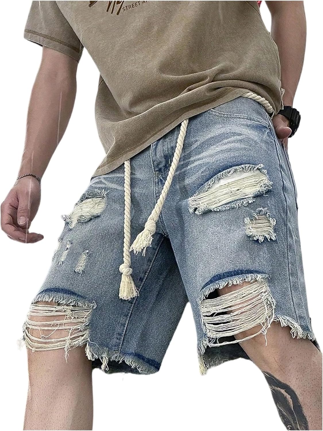 WDIRARA Men's Wide Leg Ripped Denim Bermuda Shorts Raw Hem Distressed Jean Shorts with Pockets