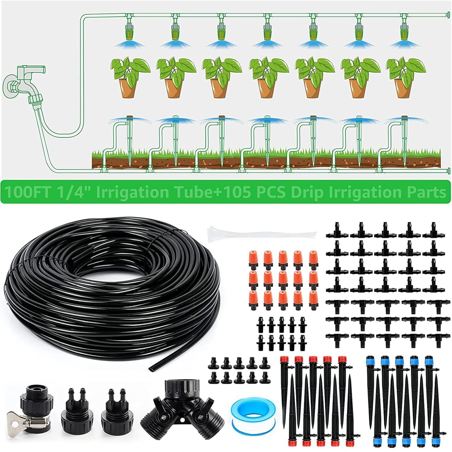 Greenhouse Micro-Drip Irrigation Kit Multifunctional Irrigation Control System Automatic Irrigation System Garden Spray Plant Watering System 30m Capillary Tube, Atomizing Nozzle, PVC/ABS Structure