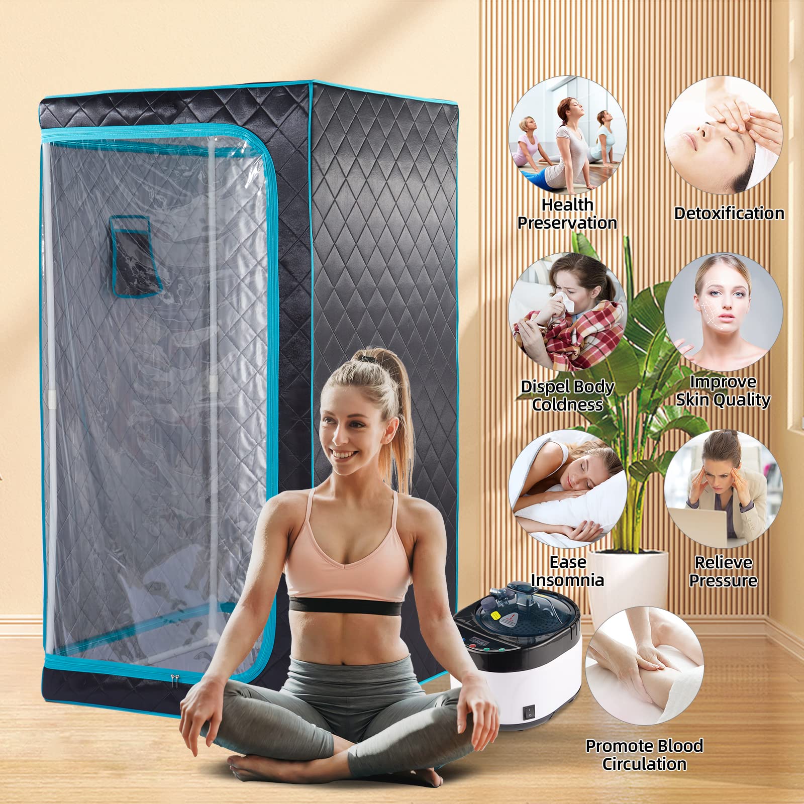 ZONEMEL Sauna a vapore portatile a grandezza naturale, spa personale domestica, vapore da 1600 Watt 4 litri con telecomando, timer, sedia pieghevole (L 33 "x 33" x H 66", bordo verde)