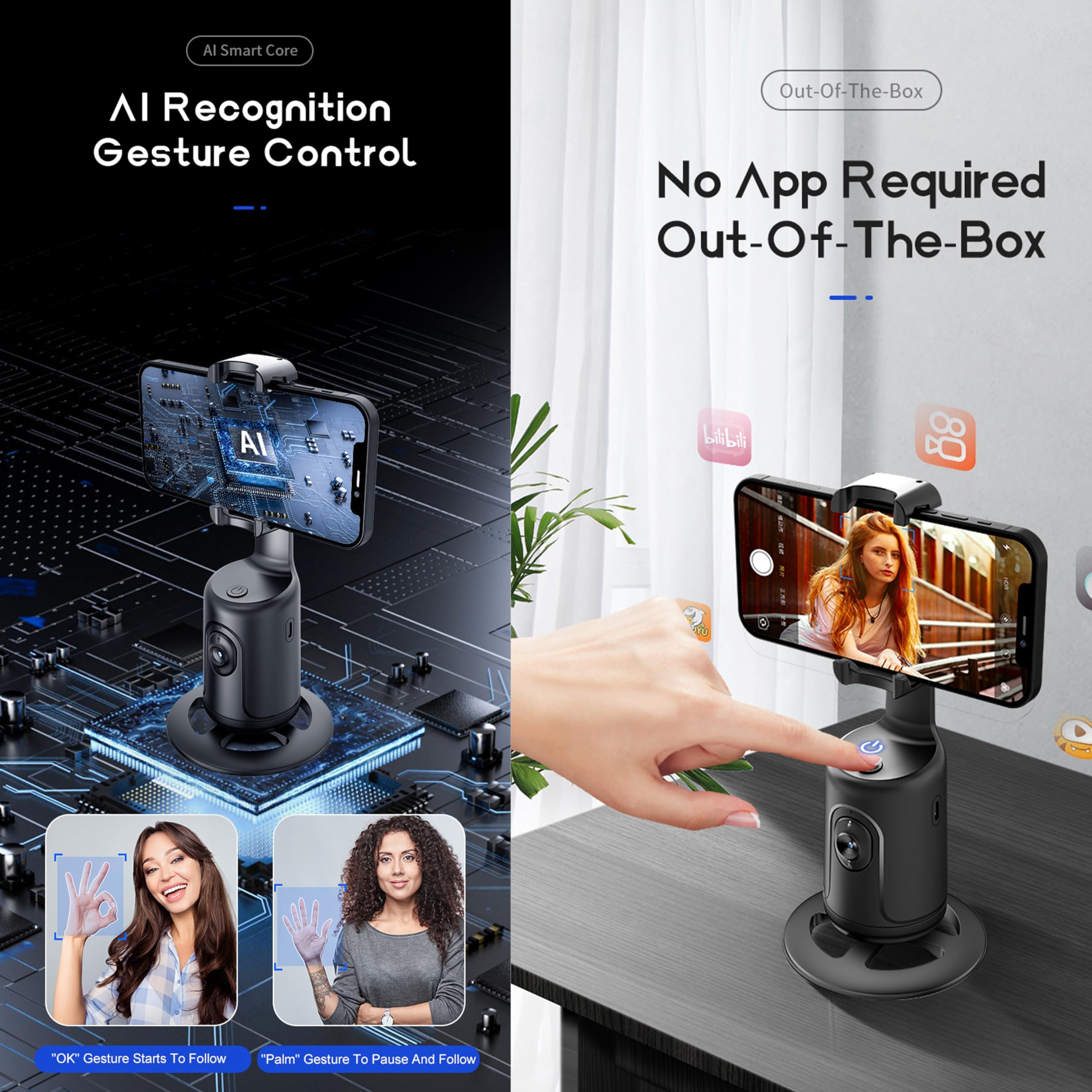 MQOUNY Auto Face Tracking Phone Holder, 360° Rotation Face Body Phone Tripod Smart Shooting Camera Mount with Rechargeable Remote and Light for Live Vlog Streaming Video, Rechargeable: Auto Tracking Phone Holder,360° Rotation Phones Camera Mount Smart Shooting Phone Tracking Holder with Remote Selfie Stick for iPhone Android Stabilizer Shooting Live,No App,Rechargeable (White)