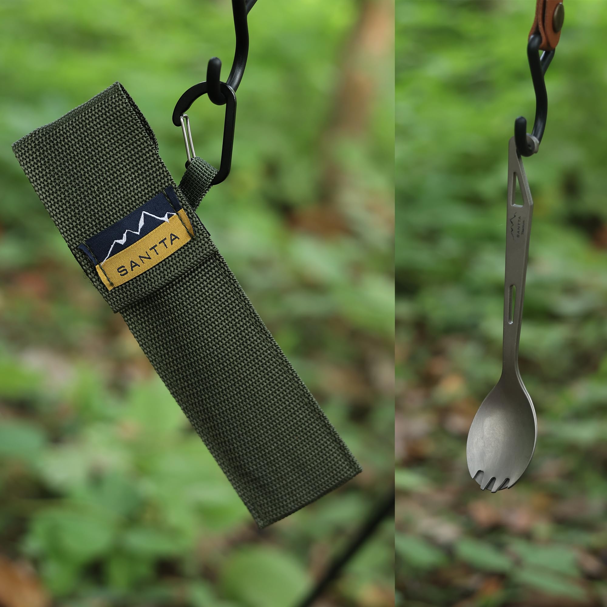 SANTTA Utensilios de camping de titanio, tenedor ultraligero de titanio (cuchara y tenedor) con abrebotellas, cubiertos para acampar al aire libre, senderismo y viajes, juego de 2 piezas
