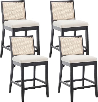 RIVOVA 26 Counter Height Bar Stools Set of 4 Mid Century Modern Bar Chairs with Rattan Back & Wood Legs, Upholstered Linen Fabric Barstools Island Stools for Kitchen Counter Home Bar, Beige