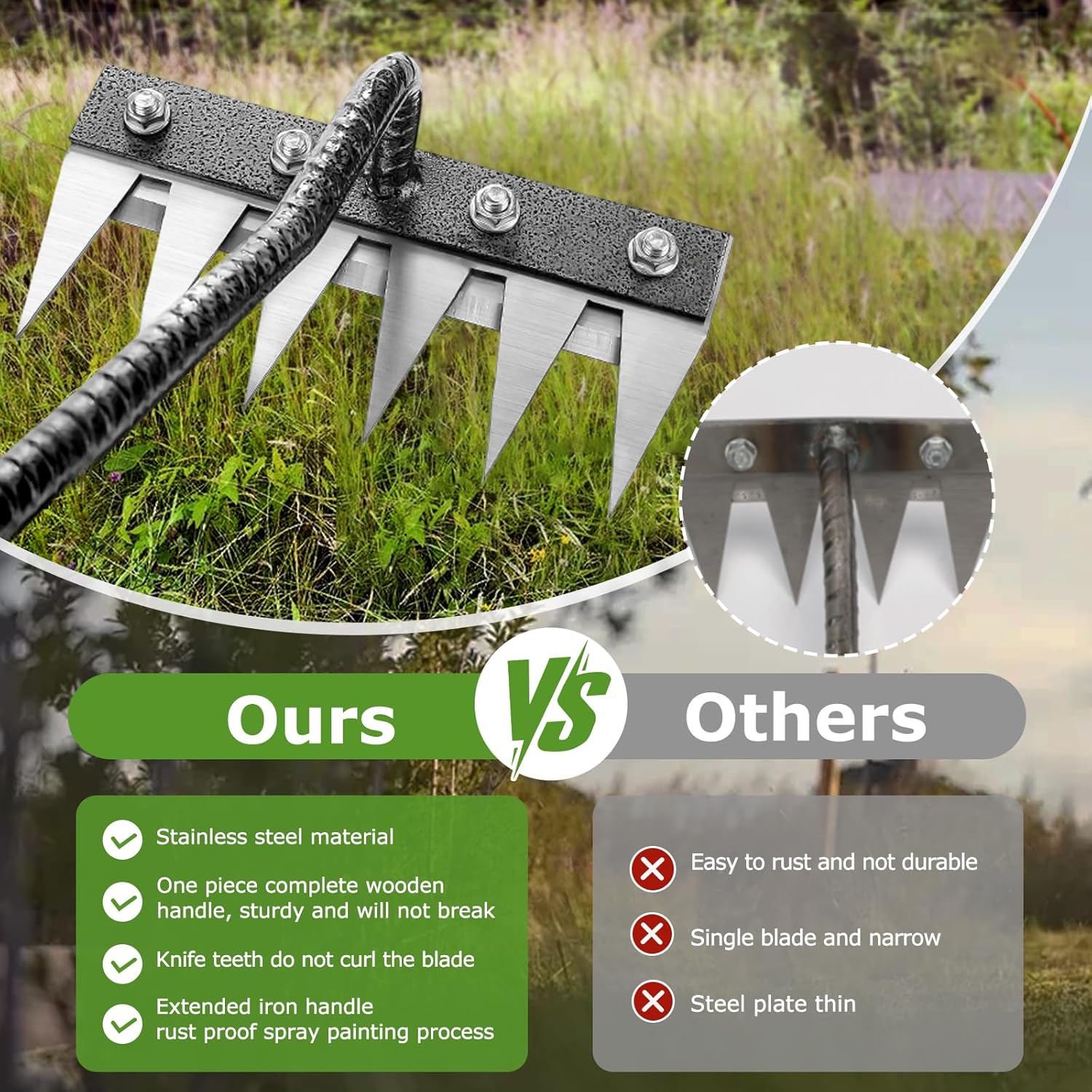 Gardenia Iron Weeding Rake, 2.0 Iron Weeding Rake with Long Handle, 6 Teeth Heavy Duty Weed Puller Tools for Gardening, Weedings ,Lawn