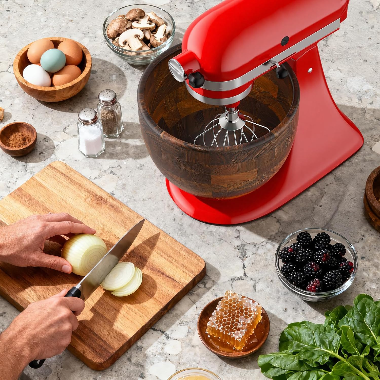 Cofun Premium Wood Mixing Bowl, Compatible with 4.5-5 Qt Tilt-Head Stand Mixers, Natural True Wooden Bowls, 5 Qt Kitchen Aid Bowls for Mixer with Stainless Steel Locking Base