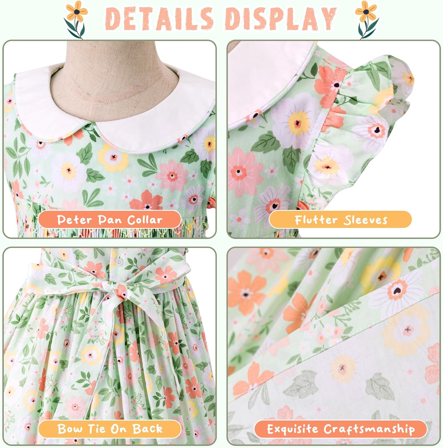 Toddler Girl Dress Girls Smocked Floral Dress Vintage Tea Party Dress for Girls Cotton Girl Spring Summer Dress,Size 2t-8y