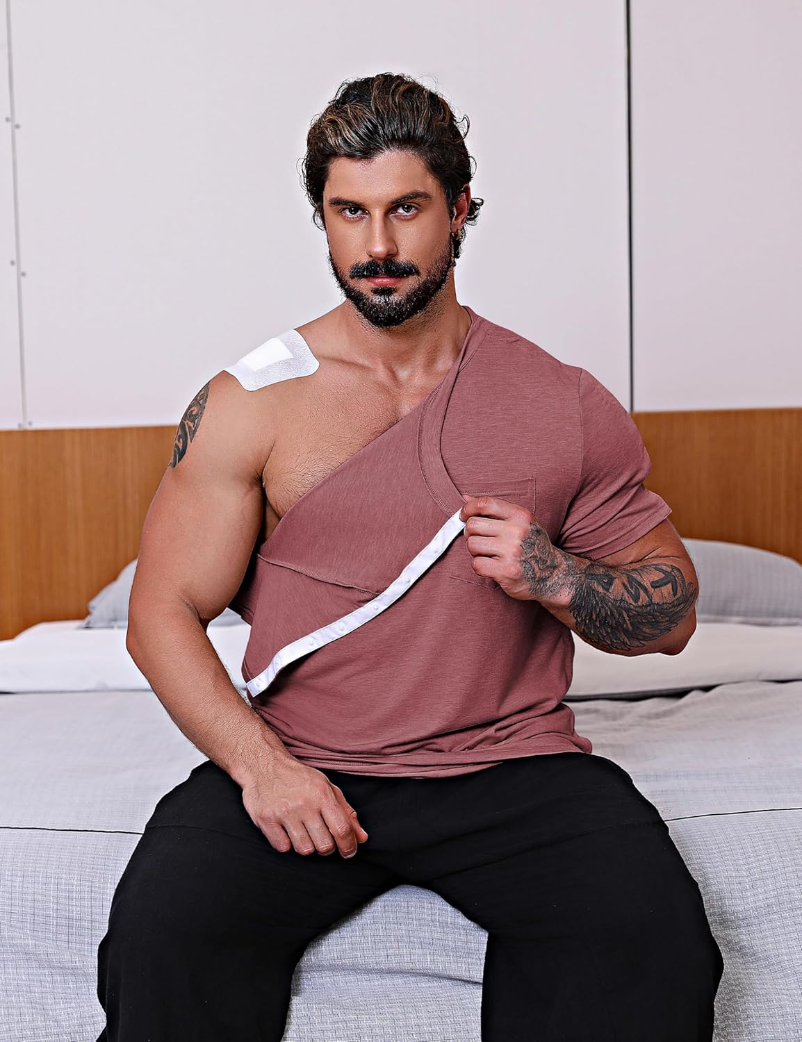 URRU Men's Post Shoulder Surgery Shirts Recovery Full Tear Away Short Sleeve Snap Chemo Shirts for Port Access - Image 4