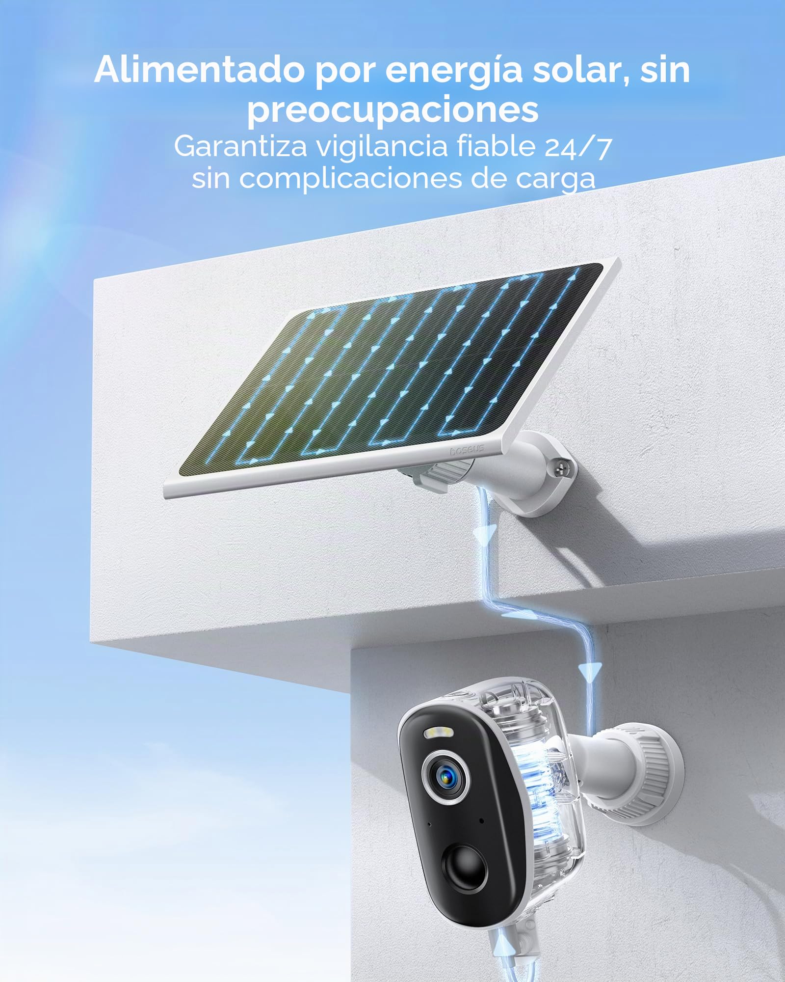 Baseus Cámara de Seguridad para Exterior Solar Inalámbrica 16TB Almacenamiento Expandible, Energía Eterna, IP67, Visión Nocturna, Cámara 2K de Vigilancia WiFi con Panel Solar, 16GB de Almacenamiento